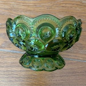 Vintage L.E. Smith Moon & Stars Green Glass Compote Bowl & Candy Dish MCM 1960s